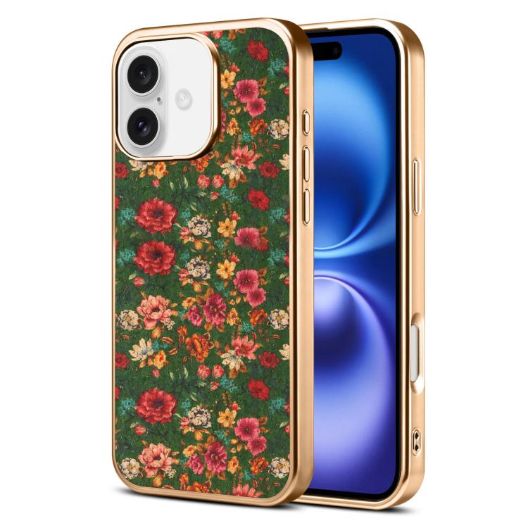 For iPhone 16 Denior Peony Series Electroplated Magnetic Phone Case(Green)