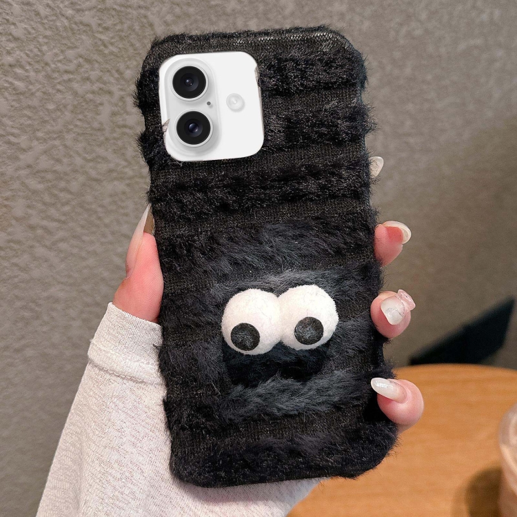 For iPhone 16 Doll Plush PU Hybrid PC Phone Case(Black)