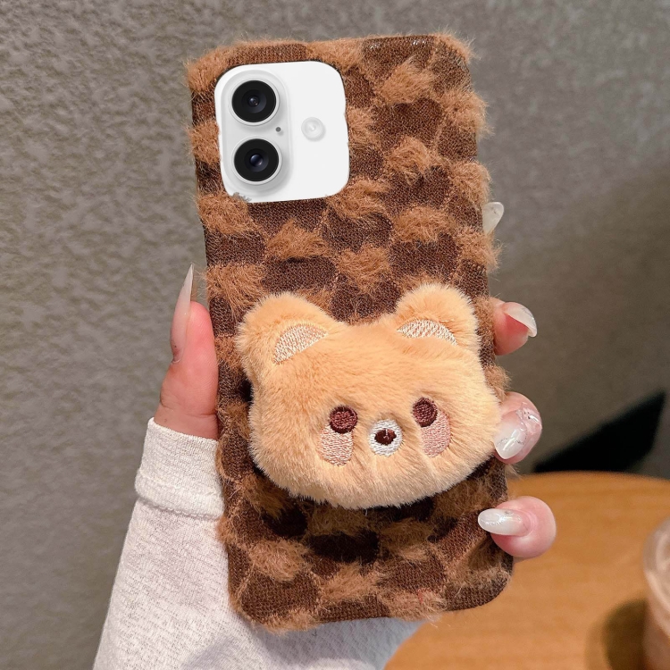For iPhone 16 Doll Plush PU Hybrid PC Phone Case(Brown)