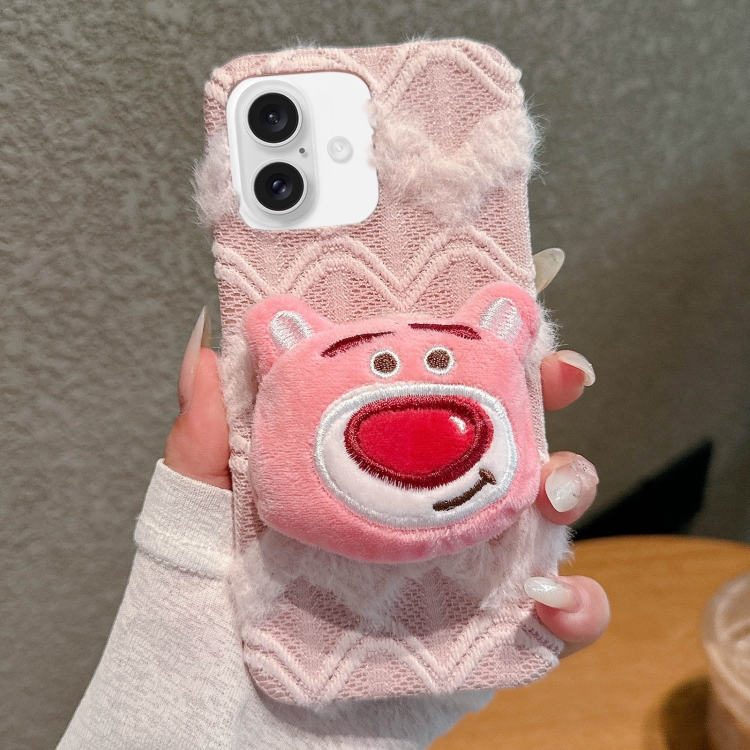 For iPhone 16 Doll Plush PU Hybrid PC Phone Case(Pink)