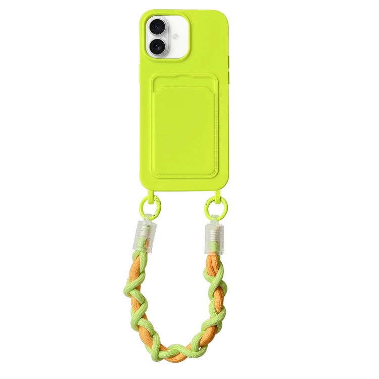 For iPhone 16 Dopamine Card Slot Phone Case with Lanyard(Fluorescent Green)