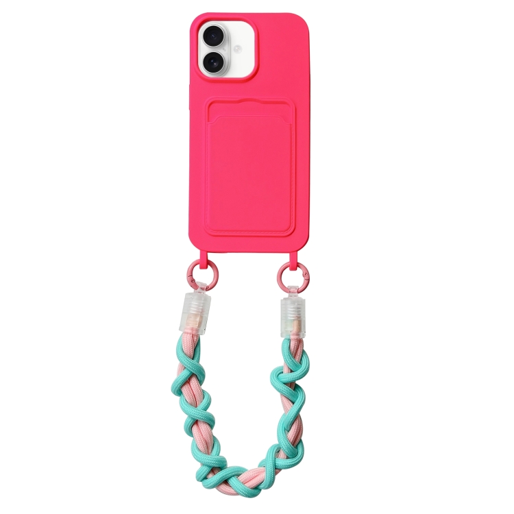 For iPhone 16 Dopamine Card Slot Phone Case with Lanyard(Pink)