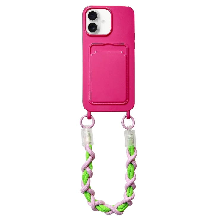 For iPhone 16 Dopamine Card Slot Phone Case with Lanyard(Rose Red)