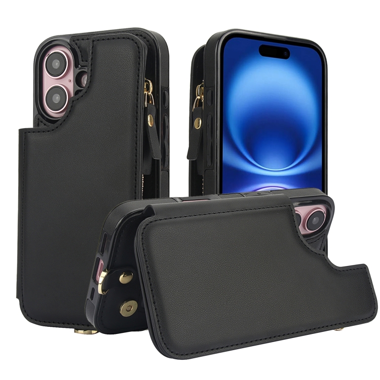 For iPhone 16 Double Flap Zipper RFID Leather Phone Case with Short Lanyard(Black)