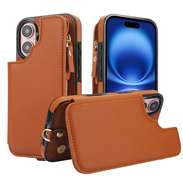 For iPhone 16 Double Flap Zipper RFID Leather Phone Case with Short Lanyard(Brown)