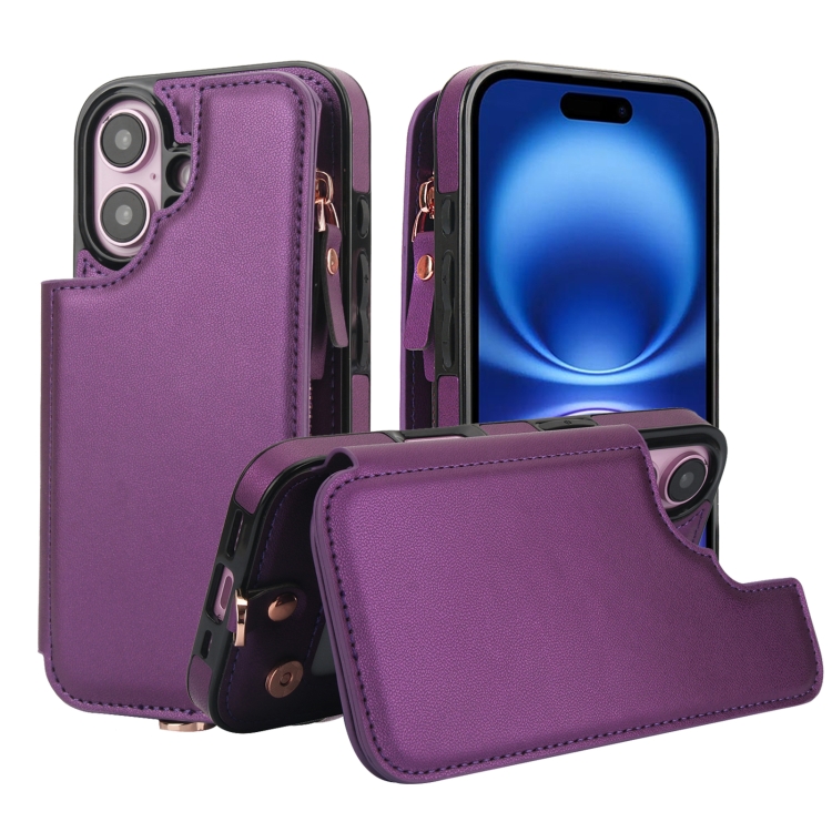 For iPhone 16 Double Flap Zipper RFID Leather Phone Case with Short Lanyard(Dark Purple)