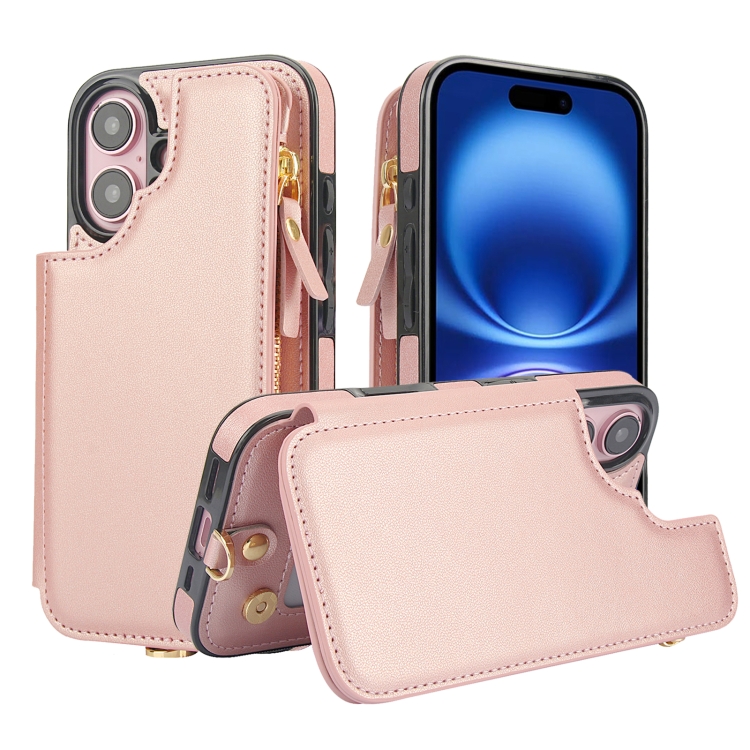 For iPhone 16 Double Flap Zipper RFID Leather Phone Case with Short Lanyard(Rose Gold)