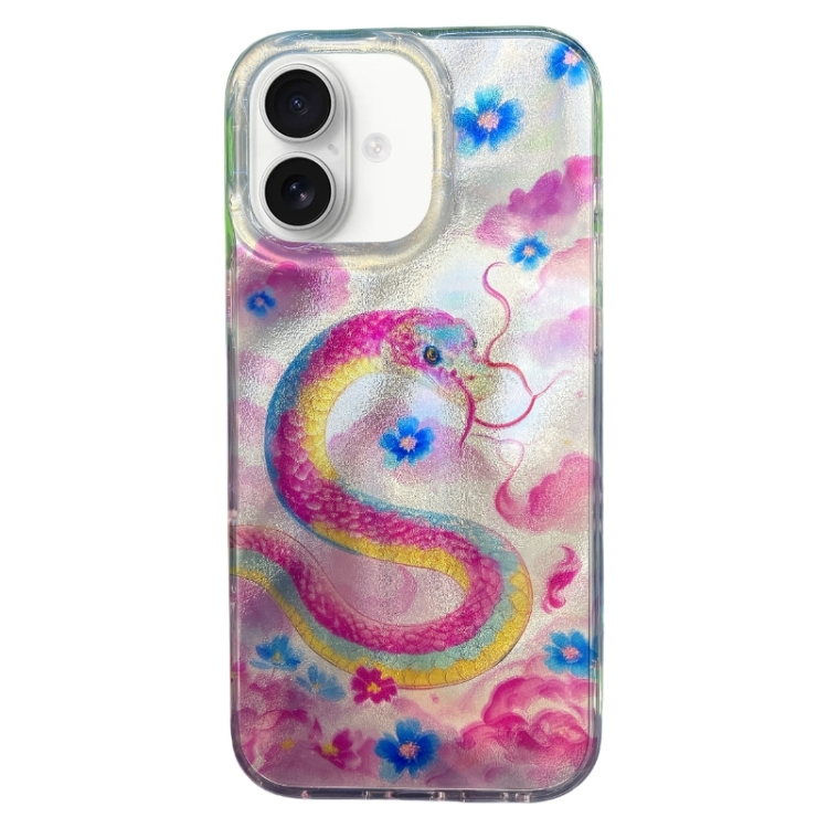 For iPhone 16 Double Layer IMD Pattern TPU Phone Case(Pink snake)