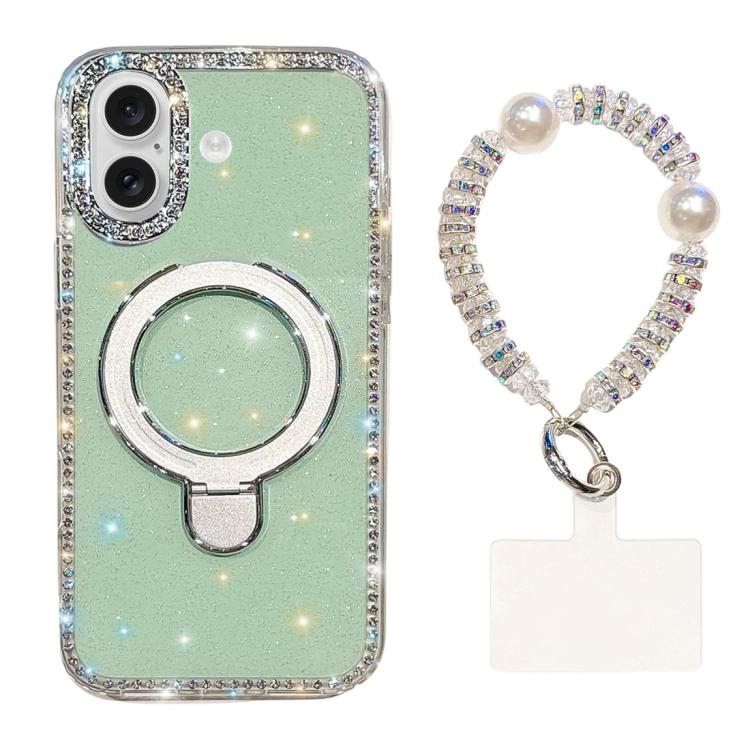 For iPhone 16 Double-Sided IMD Rhinestone Magnetic Holder Shockproof Phone Case With Bracelet(Glitter Green)