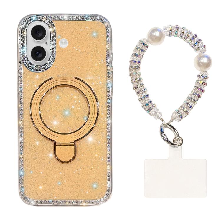 For iPhone 16 Double-Sided IMD Rhinestone Magnetic Holder Shockproof Phone Case With Bracelet(Glitter Light Yellow)