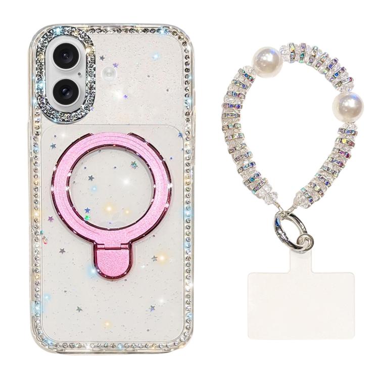 For iPhone 16 Double-Sided IMD Rhinestone Magnetic Holder Shockproof Phone Case With Bracelet(Glitter Little Star)