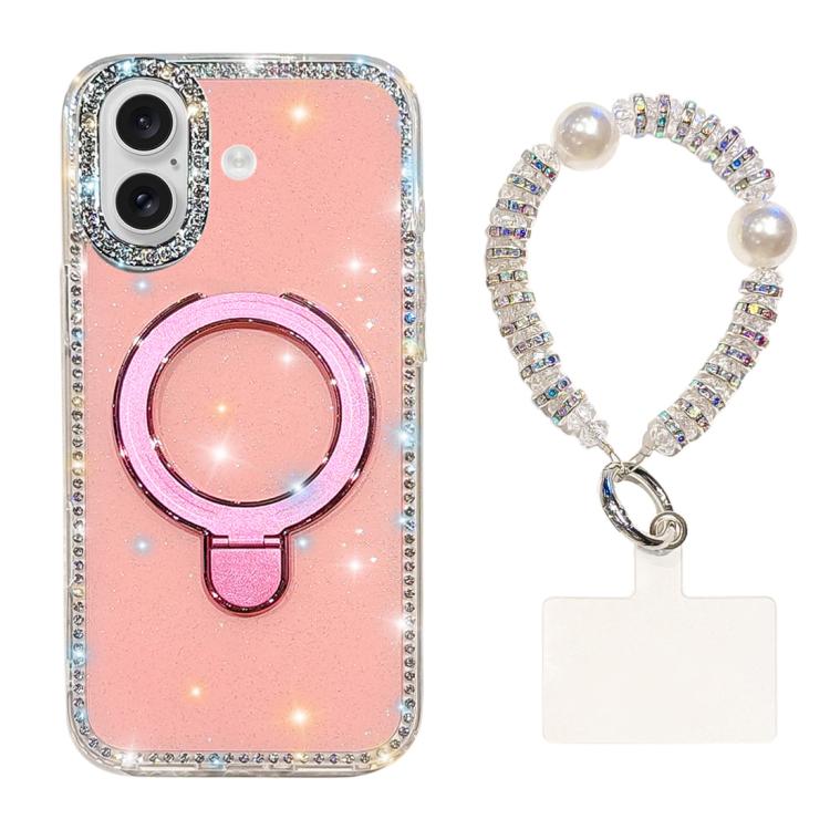For iPhone 16 Double-Sided IMD Rhinestone Magnetic Holder Shockproof Phone Case With Bracelet(Glitter Pink)