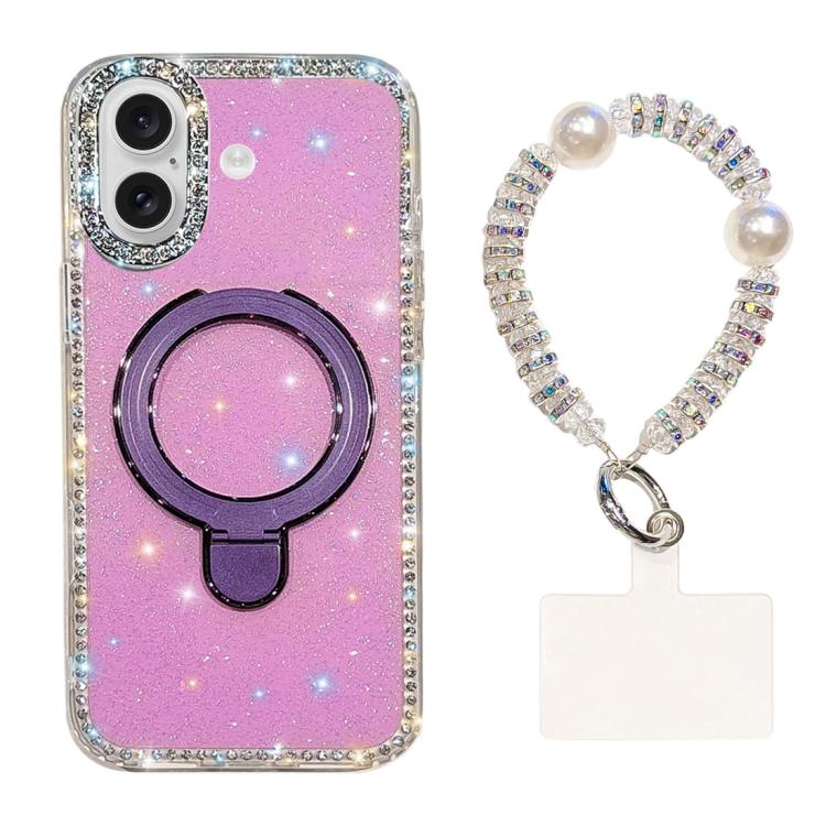 For iPhone 16 Double-Sided IMD Rhinestone Magnetic Holder Shockproof Phone Case With Bracelet(Glitter Purple)