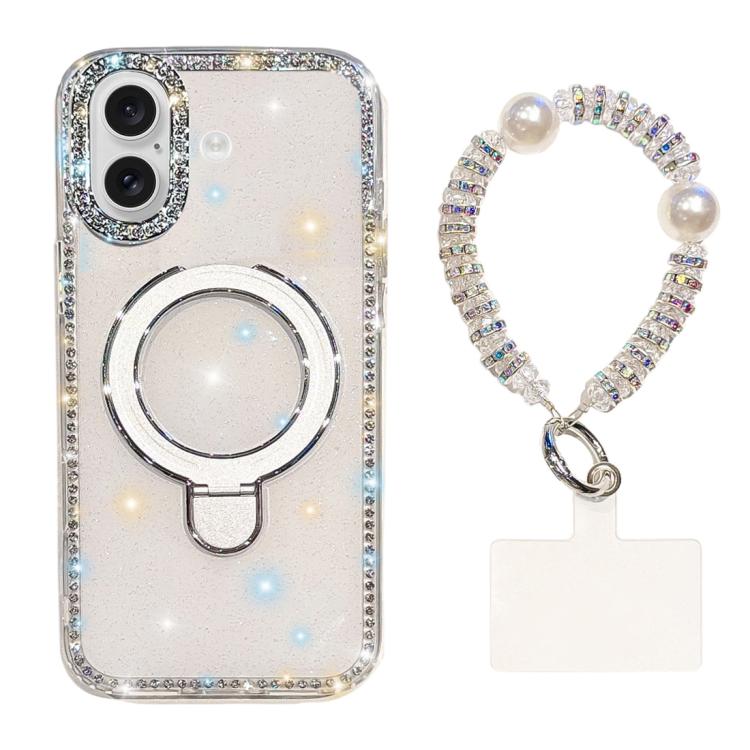 For iPhone 16 Double-Sided IMD Rhinestone Magnetic Holder Shockproof Phone Case With Bracelet(Glitter White)
