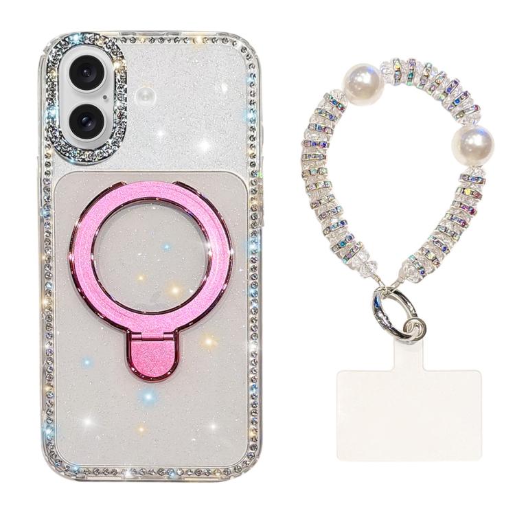 For iPhone 16 Double-Sided IMD Rhinestone Magnetic Holder Shockproof Phone Case With Bracelet(Transparent Glitter)