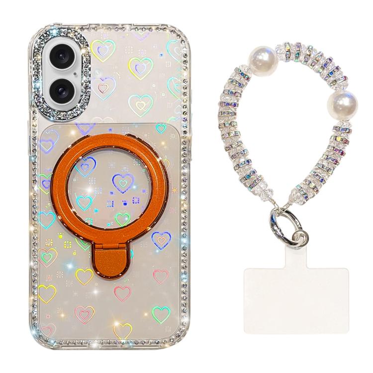 For iPhone 16 Double-Sided IMD Rhinestone Magnetic Holder Shockproof Phone Case With Bracelet(Transparent Love)