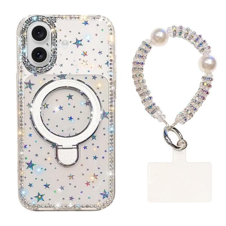For iPhone 16 Double-Sided IMD Rhinestone Magnetic Holder Shockproof Phone Case With Bracelet(Transparent Stars)