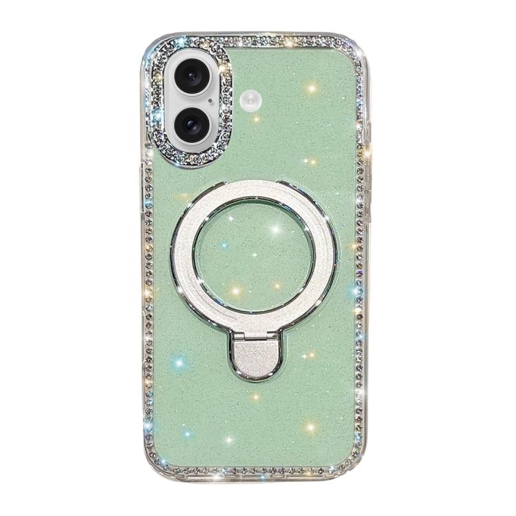 For iPhone 16 Double-Sided IMD Rhinestone Magnetic Holder Shockproof Phone Case(Glitter Green)