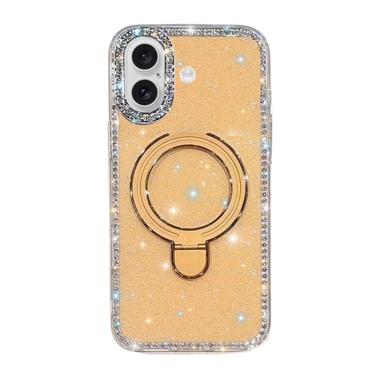 For iPhone 16 Double-Sided IMD Rhinestone Magnetic Holder Shockproof Phone Case(Glitter Light Yellow)