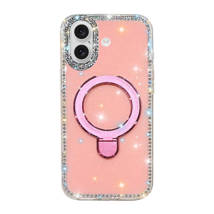 For iPhone 16 Double-Sided IMD Rhinestone Magnetic Holder Shockproof Phone Case(Glitter Pink)