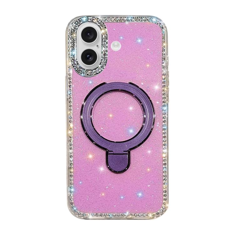 For iPhone 16 Double-Sided IMD Rhinestone Magnetic Holder Shockproof Phone Case(Glitter Purple)