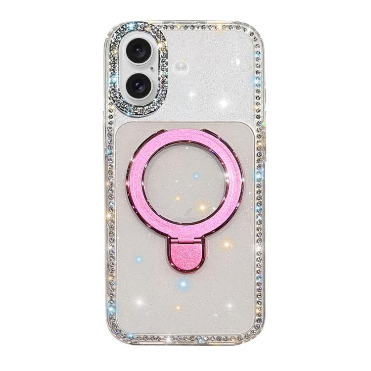 For iPhone 16 Double-Sided IMD Rhinestone Magnetic Holder Shockproof Phone Case(Transparent Glitter)