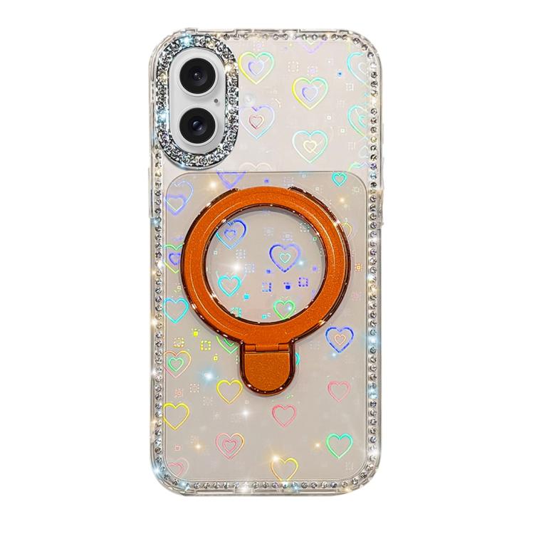 For iPhone 16 Double-Sided IMD Rhinestone Magnetic Holder Shockproof Phone Case(Transparent Love)