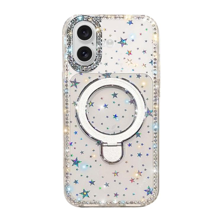 For iPhone 16 Double-Sided IMD Rhinestone Magnetic Holder Shockproof Phone Case(Transparent Stars)