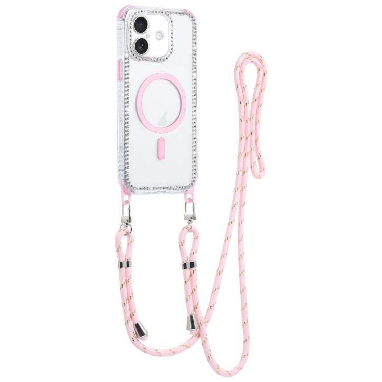 For iPhone 16 Dream Diamond 2 in 1 Shockproof Magnetic Phone Case with Long Lanyard(Pink)