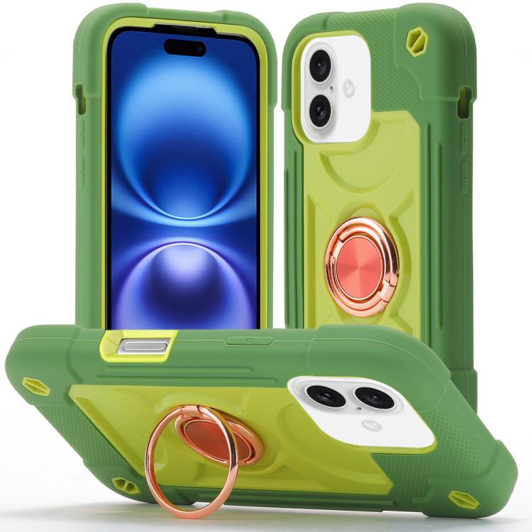 For iPhone 16 Dual Ring 360 Degree Rotation Holder PC Hybrid Silicone Phone Case(Avocado Color)