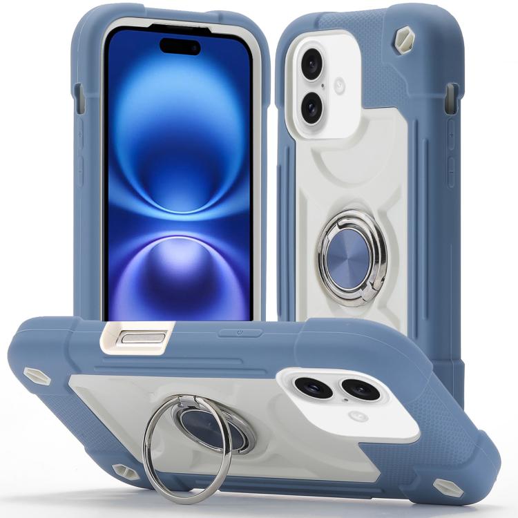 For iPhone 16 Dual Ring 360 Degree Rotation Holder PC Hybrid Silicone Phone Case(Daisy Blue)