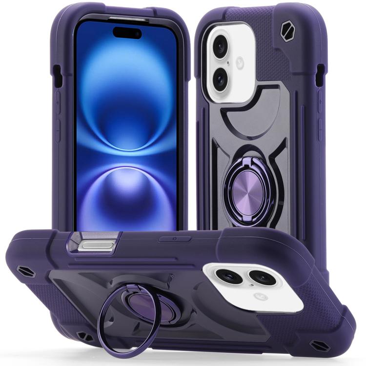 For iPhone 16 Dual Ring 360 Degree Rotation Holder PC Hybrid Silicone Phone Case(Dark Purple)