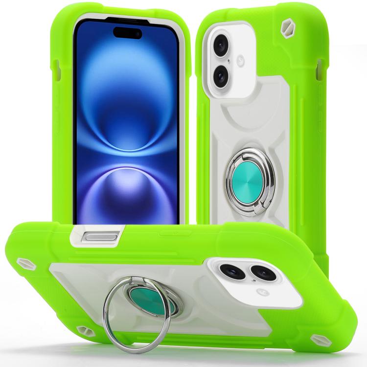 For iPhone 16 Dual Ring 360 Degree Rotation Holder PC Hybrid Silicone Phone Case(Guava)