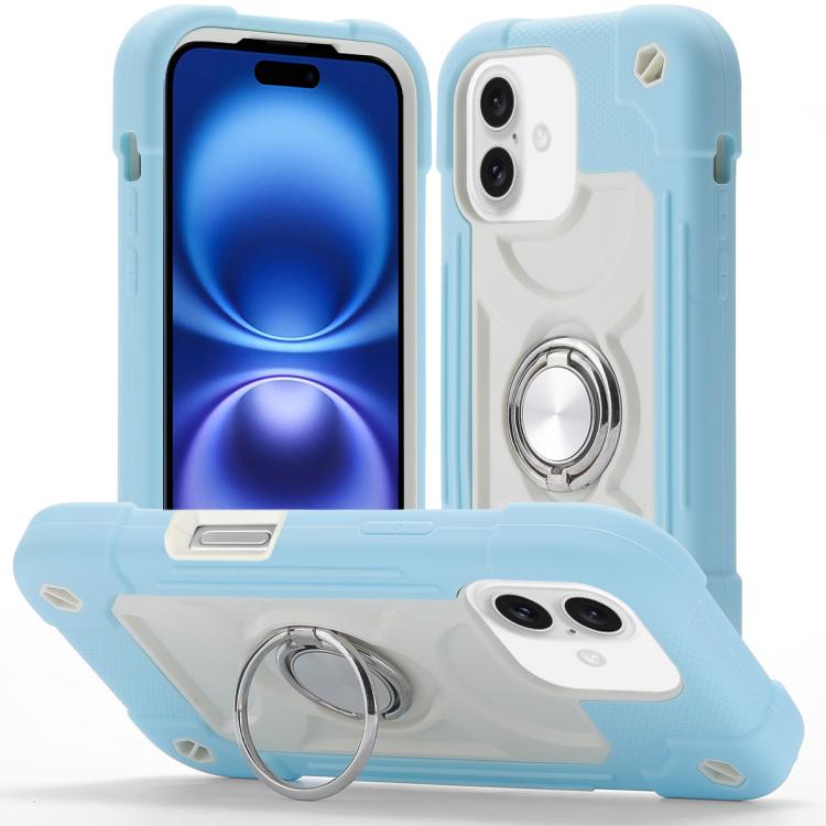 For iPhone 16 Dual Ring 360 Degree Rotation Holder PC Hybrid Silicone Phone Case(Ice Crystal Blue)