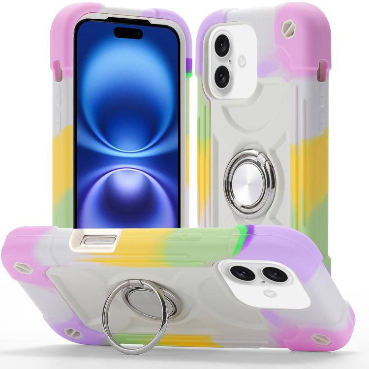 For iPhone 16 Dual Ring 360 Degree Rotation Holder PC Hybrid Silicone Phone Case(Rainbow Beige)