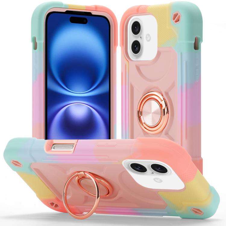 For iPhone 16 Dual Ring 360 Degree Rotation Holder PC Hybrid Silicone Phone Case(Rainbow Rose Gold)
