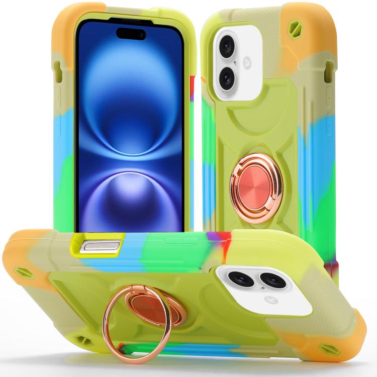 For iPhone 16 Dual Ring 360 Degree Rotation Holder PC Hybrid Silicone Phone Case(Rainbow Yellow Green)