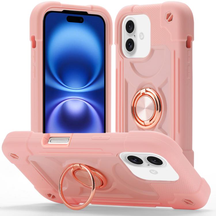For iPhone 16 Dual Ring 360 Degree Rotation Holder PC Hybrid Silicone Phone Case(Rose Gold)