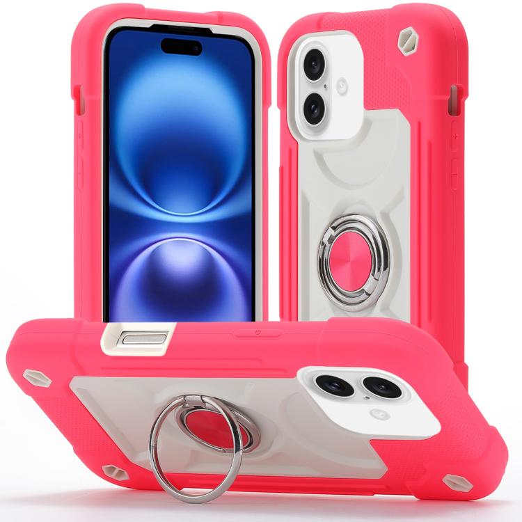 For iPhone 16 Dual Ring 360 Degree Rotation Holder PC Hybrid Silicone Phone Case(Rose Red)