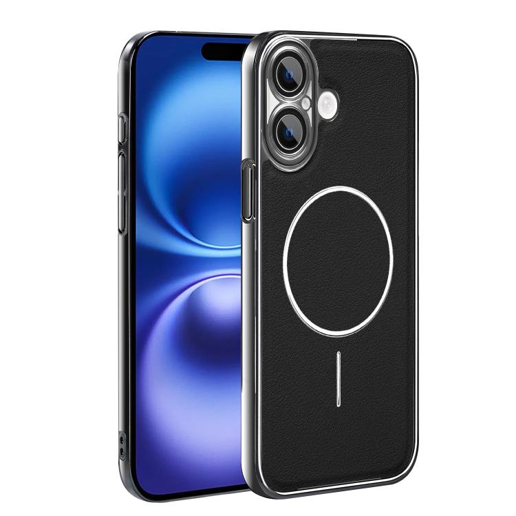 For iPhone 16 Electroplated Frame Vegan Leather Magnetic Shockproof Phone Case(Black)