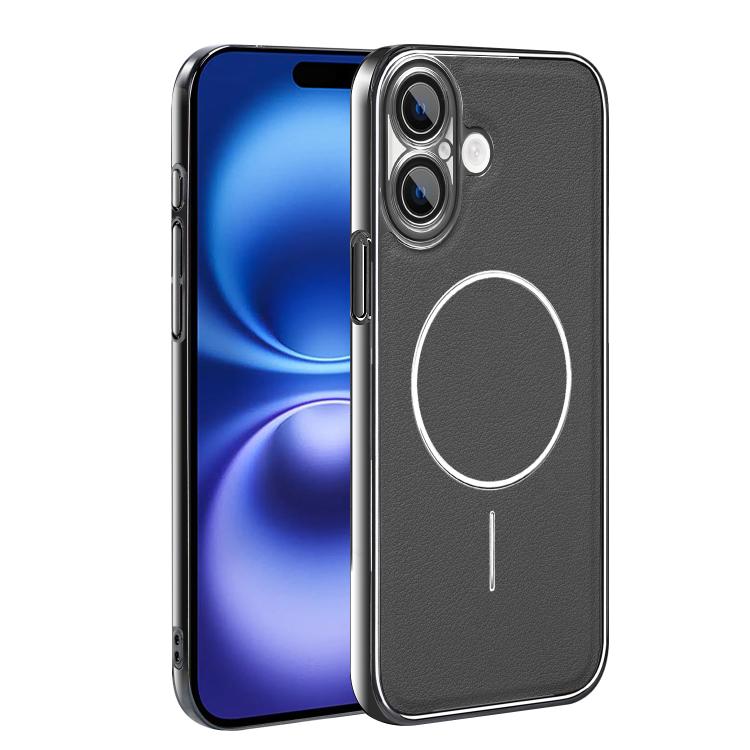 For iPhone 16 Electroplated Frame Vegan Leather Magnetic Shockproof Phone Case(Gray)