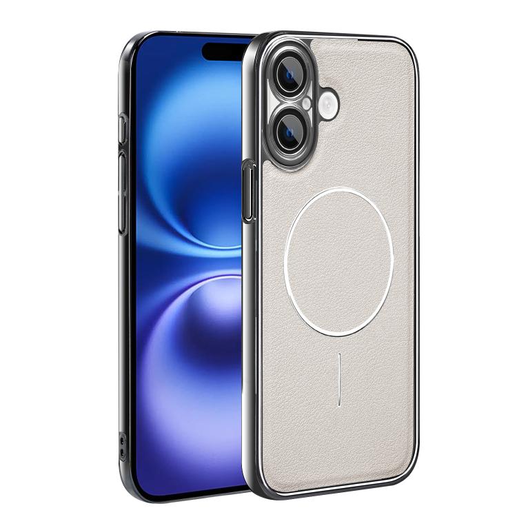 For iPhone 16 Electroplated Frame Vegan Leather Magnetic Shockproof Phone Case(White)