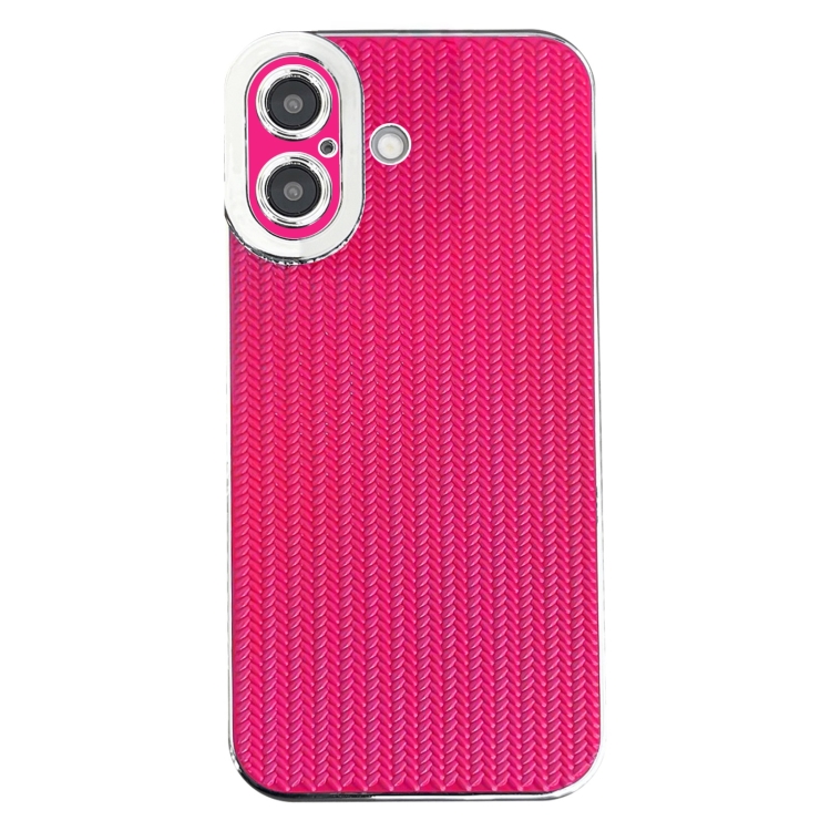 For iPhone 16 Electroplated Silver Edge Grain Texture TPU Phone Case(Rose Red)