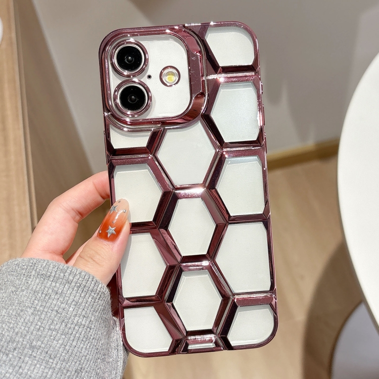 For iPhone 16 Electroplating Laser Engraving 3D Honeycomb Clear TPU Phone Case(Pink)