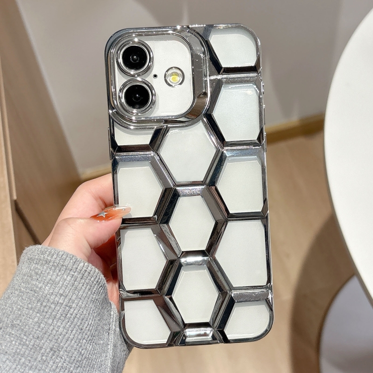 For iPhone 16 Electroplating Laser Engraving 3D Honeycomb Clear TPU Phone Case(Silver)