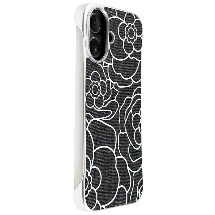 For iPhone 16 Embossed Camellia Flower Linen Fabric Magnetic Half Coverage Phone Case(Black)