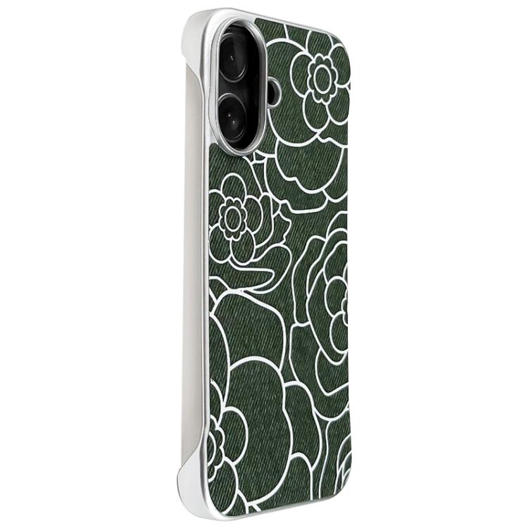 For iPhone 16 Embossed Camellia Flower Linen Fabric Magnetic Half Coverage Phone Case(Dark Green)