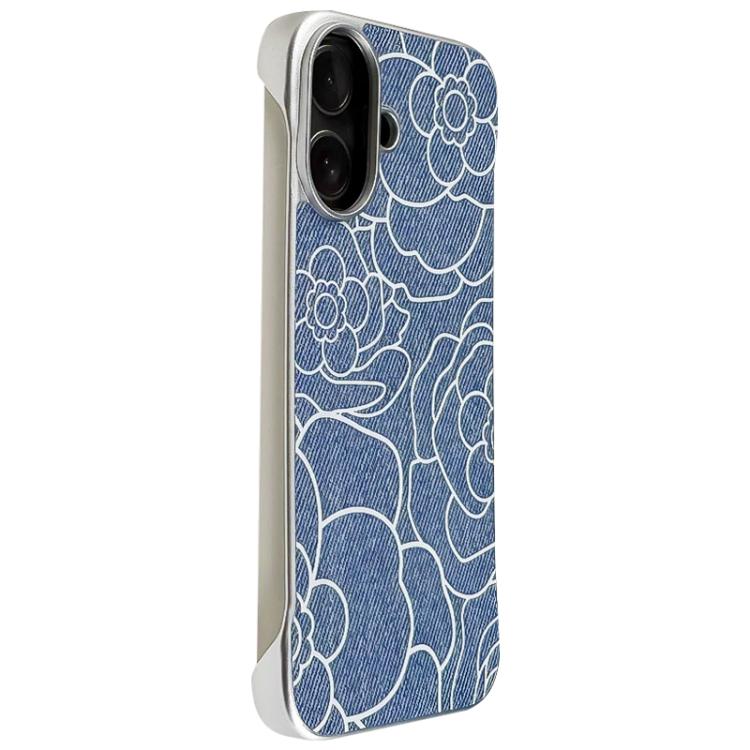 For iPhone 16 Embossed Camellia Flower Linen Fabric Magnetic Half Coverage Phone Case(Light Blue)