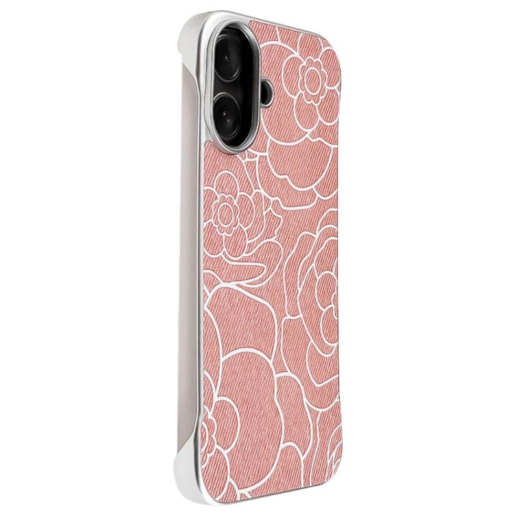For iPhone 16 Embossed Camellia Flower Linen Fabric Magnetic Half Coverage Phone Case(Pink)