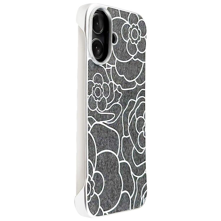 For iPhone 16 Embossed Camellia Flower Linen Fabric Magnetic Half Coverage Phone Case(Titanium Gray)